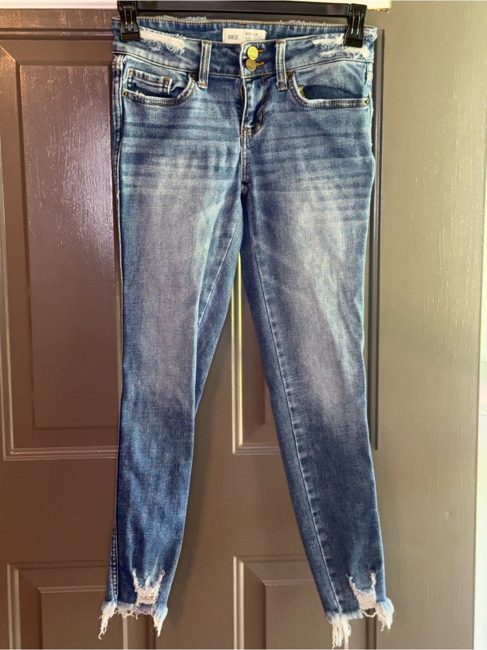 BKE Medium Blue Skinny Jeans with Frayed Ankles